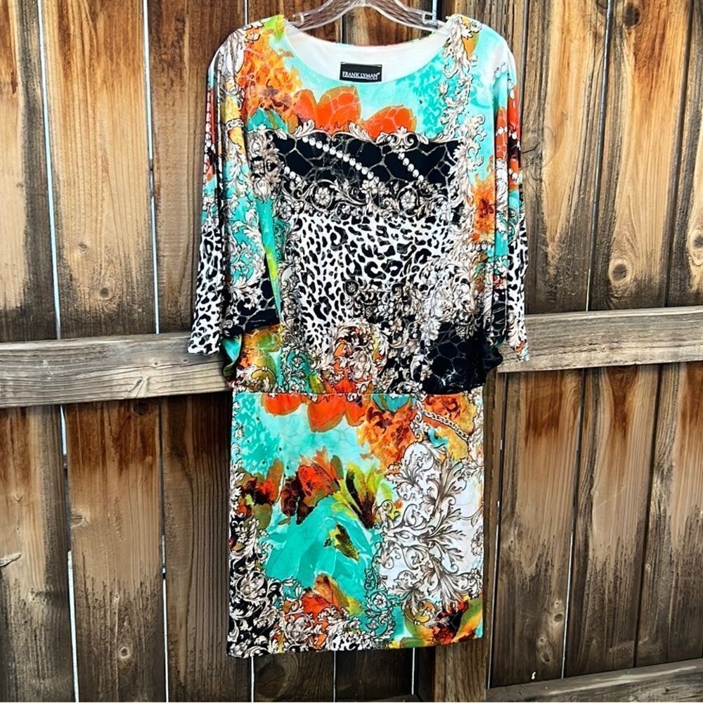 Frank Lyman dress slinky batwing kimono black orange silver metallic Canada 8